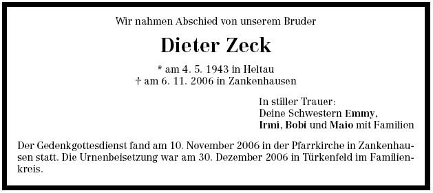 Zeck Dieter 1943-2006 Todesanzeige